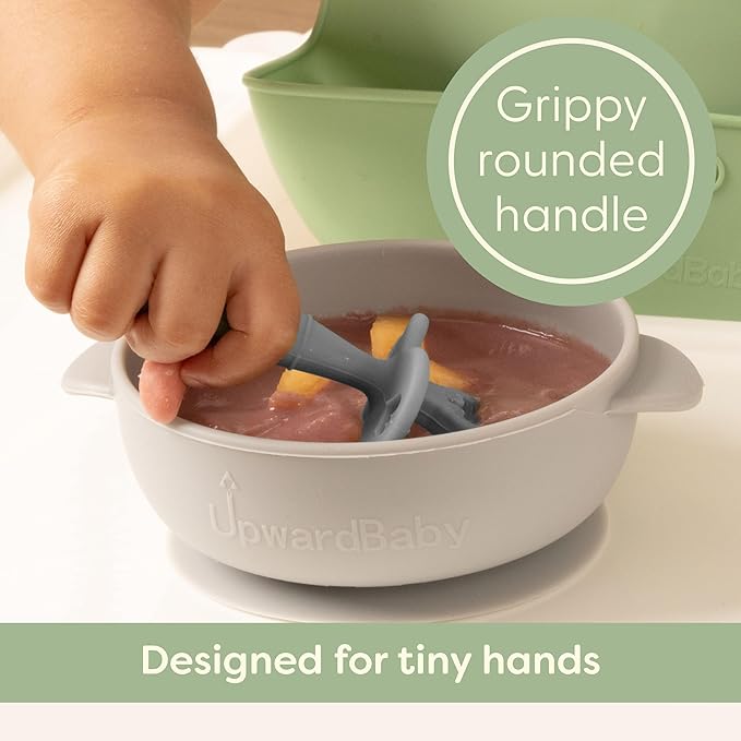 Upward Baby Spoons Self Feeding 6+ Months - 3 Pack, Chewable Toddler Utensils with Anti Choke Barrier, Baby Feeding Essentials, Baby Spoons 4 months, Silicone Spoons, Red White Blue