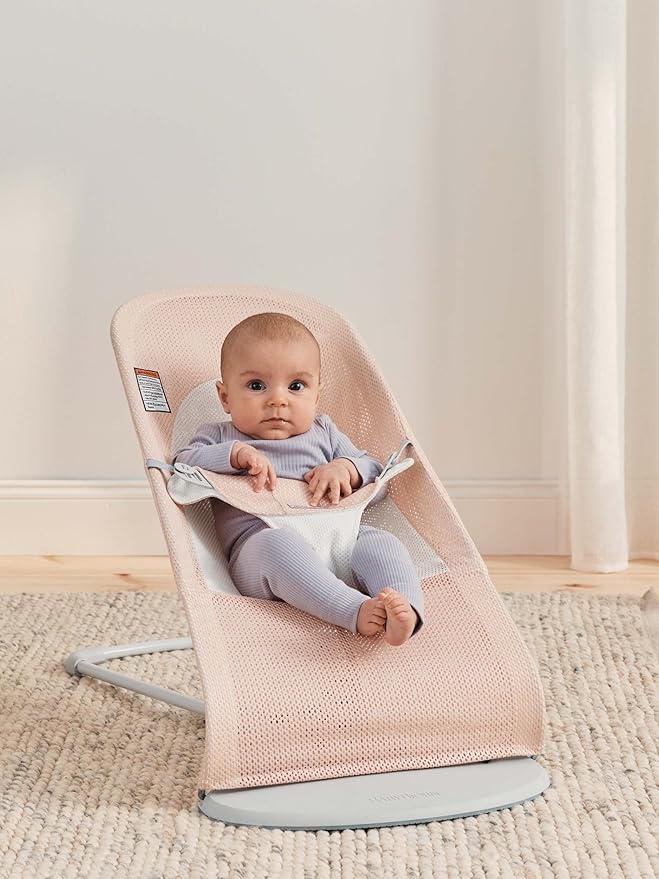 BabyBjörn Bouncer Balance Soft, Light Grey Frame, Mesh, Pearly Pink/White, 2-in-1 Adjustable Baby Bouncer Seat and Toddler Chair, Newborn to Toddler (8-29 lbs), 4 Positions, Lightweight & Portable