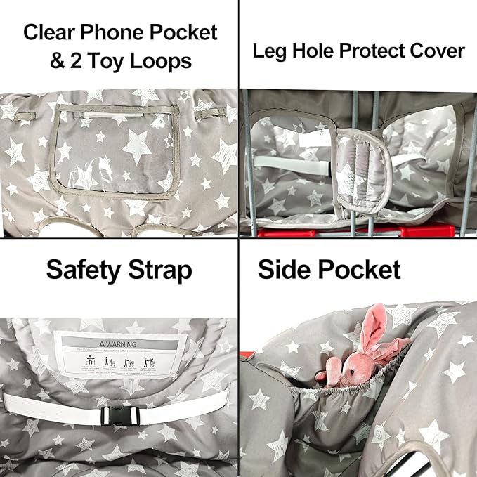 Soft Pillow Attached 2-in-1 Shopping Cart and High Chair Cover for Baby, Cotton Padded Cart Cover, Fold'n Roll Style, Portable with Carry Bag (Gray Stars)