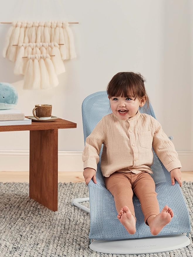 BabyBjörn Bouncer Balance Soft, Light Grey Frame, Mesh, Sky Blue/White, 2-in-1 Adjustable Baby Bouncer Seat and Toddler Chair, Newborn to Toddler (8-29 lbs), 4 Positions, Lightweight & Portable