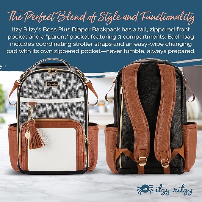 Itzy Ritzy Diaper Bag Backpack – Large Capacity Boss Plus Baby Backpack Diaper Bag Featuring 19 Pockets, Changing Pad, Stroller Clips, and Comfortable Straps (Coffee & Cream)