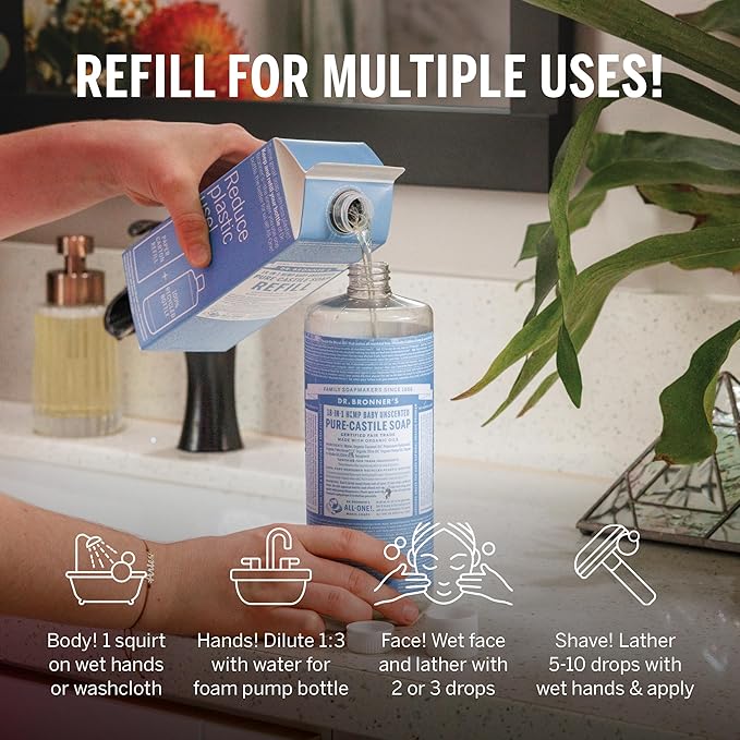 Dr. Bronner's Pure-Castile Liquid Magic Soap Bottle & Refill Carton - Made with Regenerative Organic Certified Oils- 18-in-1 Uses for Face, Body Wash, Hand Soap Refill- Baby Unscented, 32 oz