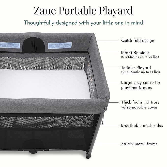 Evolur Zane Portable Playard with Instant Fold, Removable Mattress Cover & Full-Size Zipper Bassinet – Lightweight Travel Crib for Infant (0–18 Months) Grey