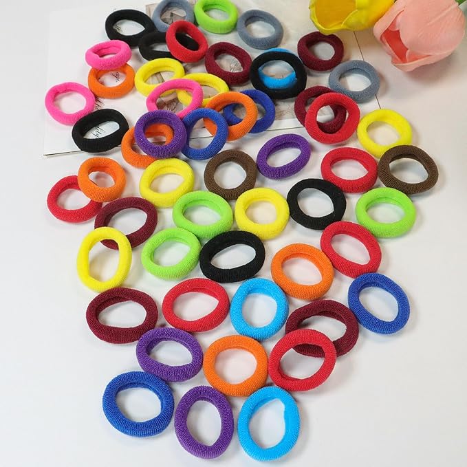 WillingTee 120 Pcs Baby Hair Ties, Cotton Toddler Hair Ties for Girls and Kids, Multicolor Small Seamless Hair Bands Elastic Ponytail Holders,Bright Color