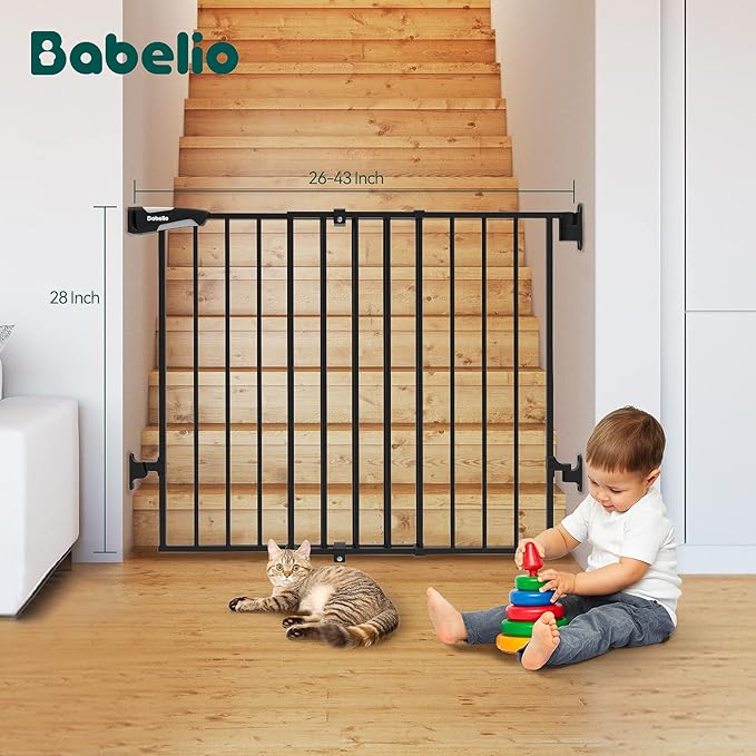 Babelio Baby Gate for Stairs, Kitchen & Doorways, 26-41" W 28" H No Bottom Bar| Easy Installation| One-Handed Operation| Auto-Close| Hardware Mount Safety Dog/Pet Gate Indoor (Black)