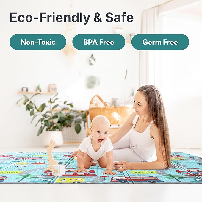 Foldable Baby Play Mat, Extra Large, Non-Toxic, Waterproof Activity Playmats for Babies, Education for Infant, Non-Slip Double Sided (79”x71” 0,4in Olive) boy and Girl