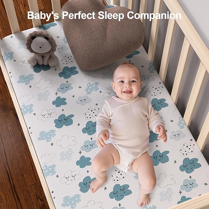 Pack N Play Sheets Fitted, 2-Pack Fit for Standard Pack N Play Mattress, Mini Crib Sheets,Breathable Soft Unisex Playard Sheets (Starry Sky & Clouds)