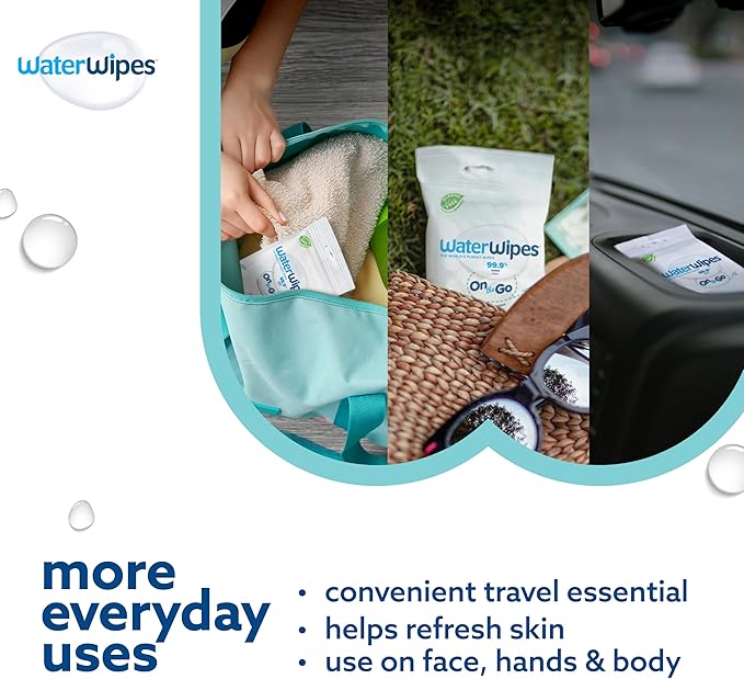 WaterWipes On The Go Wipes, 99.9% Water-Based Wipes for Travel, Sports, and to Refresh Skin, Unscented & Hypoallergenic, 28 Count (2 Pack)