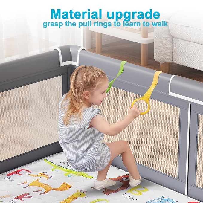 Premium Baby Playpen with Mat, 71x60 Inches Extra Large Play Pen for Babies and Toddlers, Indoor & Outdoor Activity Center, Safety Baby Playpen with Gate Prints (Enamel Gray)
