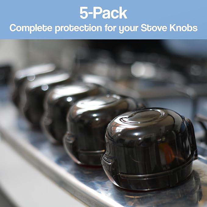Stove Knob Safety Covers (5 Pack) – Oven Knob Covers for Child Safety – Prevent Kids from Turning on Stoves – Gas Stove Knob Locks with Pre-Applied Adhesive – No Tools Needed for Install