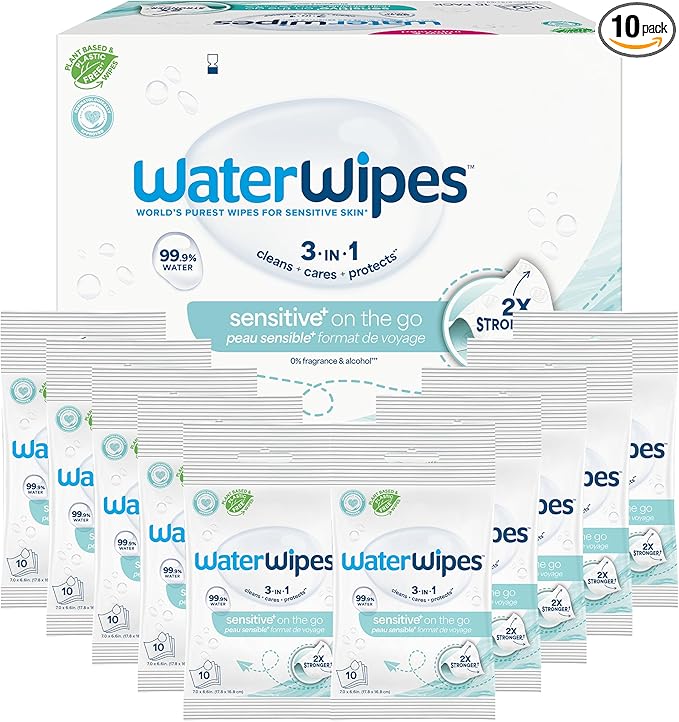 WaterWipes Sensitive+ On The Go Wipes, 3-In-1 Cleans, Cares, Protects, 99.9% Water, Unscented & Hypoallergenic Wet Wipes, 100 Count (10 Packs)