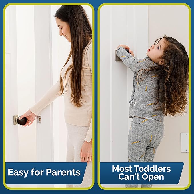 Child Safety Door Knob Cover (4 Pack) Hard-to-Remove Dual-Lock Door Handle Covers for Kids - Reusable Baby Proof Door Knob Locks - Installs Easily, No Tools Needed (Black)