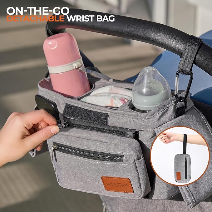 Universal Stroller Organizer with Cup Holder & Detachable Wristlet Large Baby Stroller Bag for Mom, Uppababy, Baby Jogger, Britax, BOB & Umbrella Strollers (Grey)