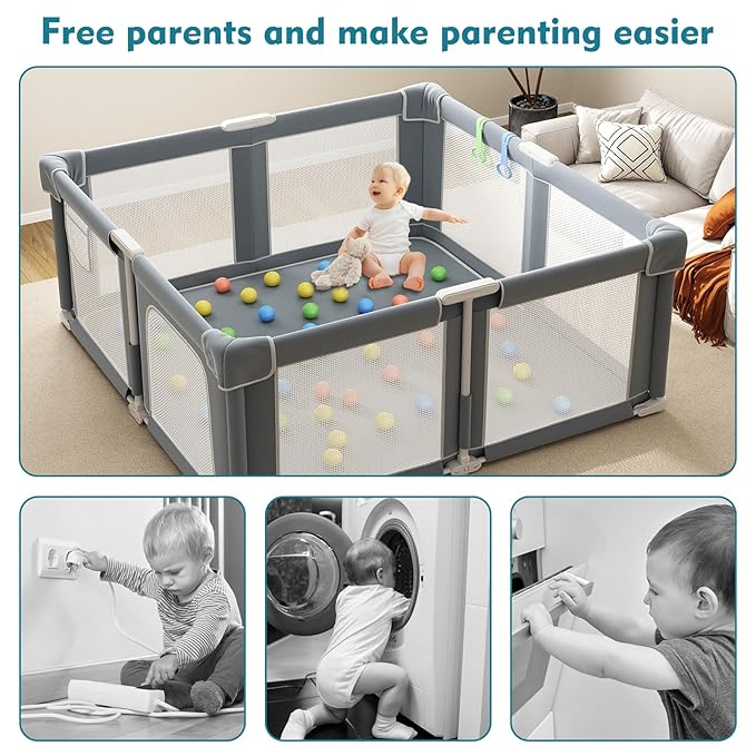 Foldable Playpen for Babies and Toddlers, 51" Portable Play Pen with Mat and Ocean Balls, Play Yard with with Visible Mesh for Inddor and Outdoor, No Assembly Required, Dark Gray
