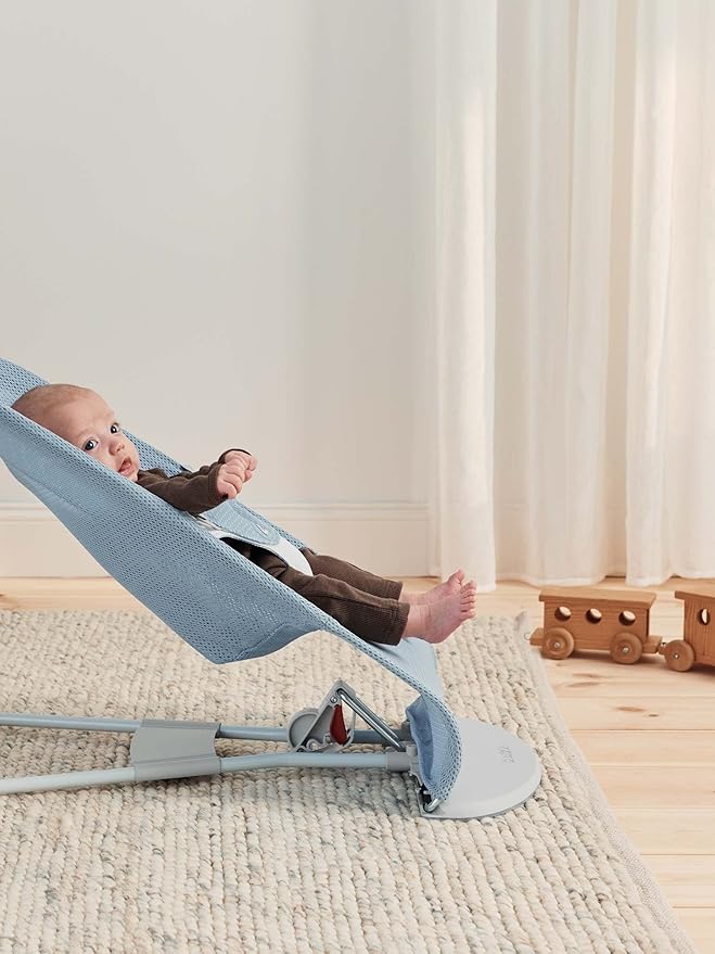 BabyBjörn Bouncer Balance Soft, Light Grey Frame, Mesh, Sky Blue/White, 2-in-1 Adjustable Baby Bouncer Seat and Toddler Chair, Newborn to Toddler (8-29 lbs), 4 Positions, Lightweight & Portable