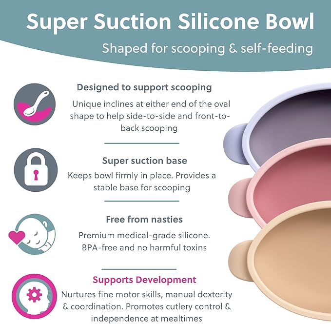 BIBaDO - Silicone Baby Bowl (Mist) - Stay Put Suction Bowl - Oval Shape - First Meals & Snacks - Durable, Dishwasher & Microwave Safe, BPA Free - Medical Grade - Baby Essentials - 6 Months to 3 Years