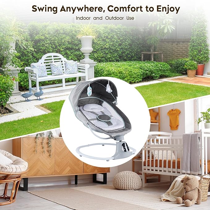 Electric Baby Swing for Infants to Toddler, Portable Swing Baby Rocker with 5 Point Harness, 5 Sway Speed, Bluetooth,12 Preset Lullabies with Remote Control, Infant Swing for Baby Boys & Girls, Grey