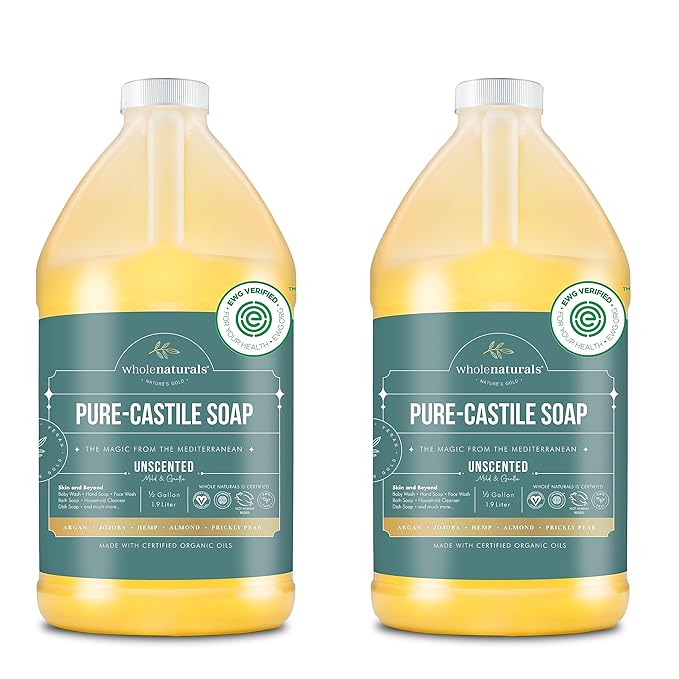 Pure Castile Soap Liquid Unscented, EWG Verified & Certified Palm Oil Free-1 gallon (64oz x2 bottles) Natural, Mild & Gentle Non-gmo & Vegan-Organic Body Wash, Laundry & Baby Soap