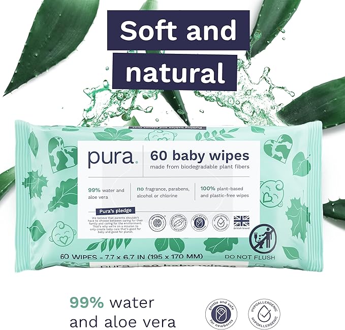 Pura Baby Wipes 12 x 60 Wipes (720 Wipes), 100% Plastic-Free & Plant Based Wipes, 99% Water, Suitable for Sensitive & Eczema-prone Skin, Fragrance Free & Hypoallergenic, EWG, Cruelty Free