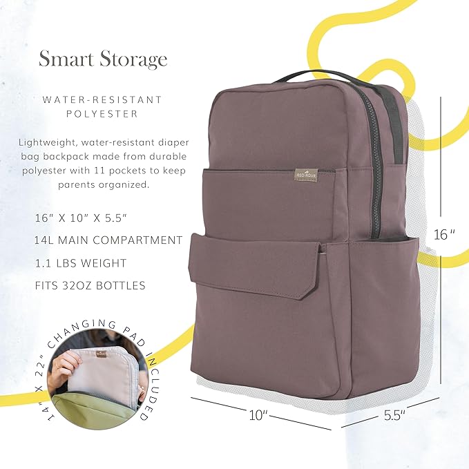 RED ROVR Roo Lightweight 1 LB Diaper Bag Backpack | 11 organizational pockets| Durable & Water-Resistant (Mauve)
