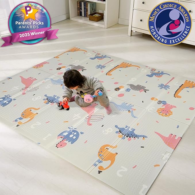 Bammax X-Large Waterproof Foam Padded Play Mat | Reversible & Foldable | 1 cm Safe Baby & Kids Play Mat | 70" x 78" | Dinosaurs & Safari Animals