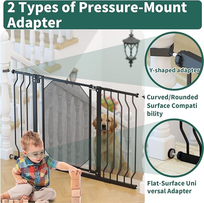 29.5"-60.5" Extra Wide Metal Mesh Baby Gate for Stairs & Doorways - Auto Close, Pressure Mounted 30.5" Tall, Easy Install, No Drilling - Child Satety Gate for Babies, Pet Gate for Dogs, Black