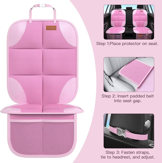 SMART ELF Car Seat Protector, 2Pack Seat Protector Protect Child Seats with Thickest Padding and Non-Slip Backing Mesh Pockets for Baby and Pet,Sedan SUV Truck (Pink)