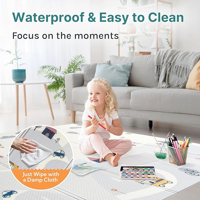 Foldable Baby Play Mat, Extra Large, Non-Toxic, Waterproof Activity Playmats for Babies, Education for Infant, Non-Slip Double Sided (79” x 71”and 0,4in Grey)
