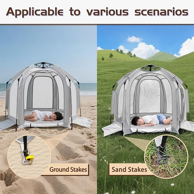 Baby Playpen with Canopy, Portable Baby Beach Tent, Toddler Play Yard Indoor and Outdoor, Foldable Mosquito Net for Infant - Grey