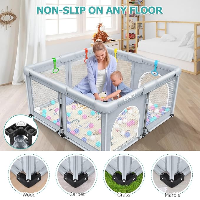 OCATO Baby Playpen with Mat: Foldable Playpen for Babies and Toddlers Play Pen Portable Playpens Fence Indoor Outdoor Kids Safety Area Play Yard with 50x50 Playpens Mat 4 Handlers 50 Balls (50" × 50")