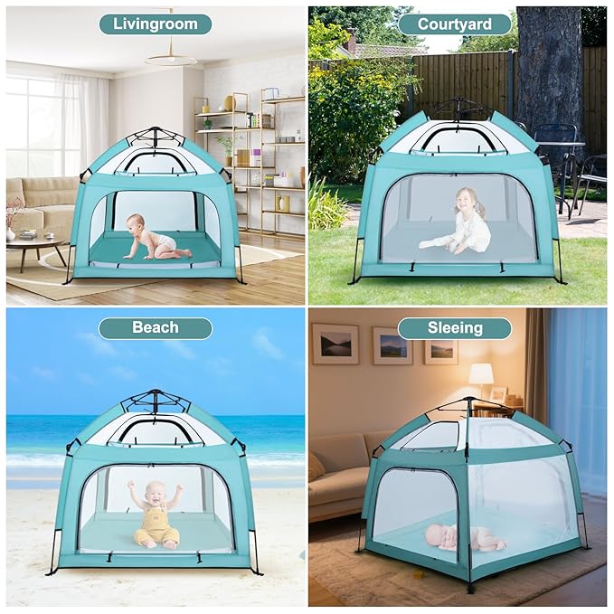 Portable Baby Playpen with Canopy, Infant Play Yard, Beach Tent, Mosquito Net for Indoor and Outdoor (Green)