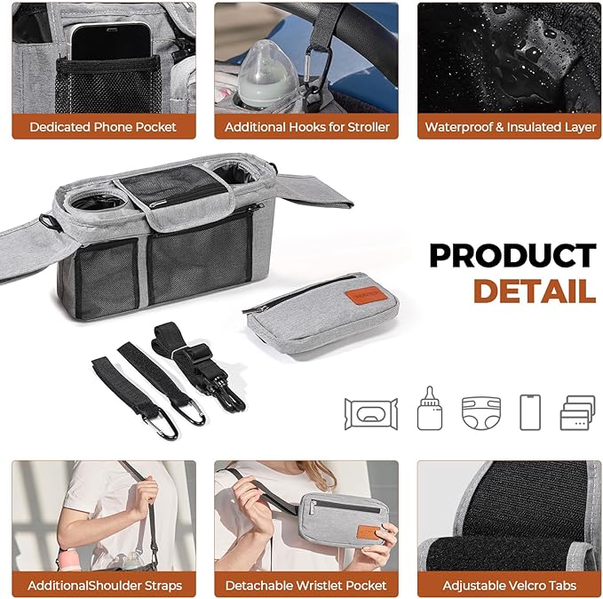 Universal Stroller Organizer with Cup Holder & Detachable Wristlet Large Baby Stroller Bag for Mom, Uppababy, Baby Jogger, Britax, BOB & Umbrella Strollers (Grey)