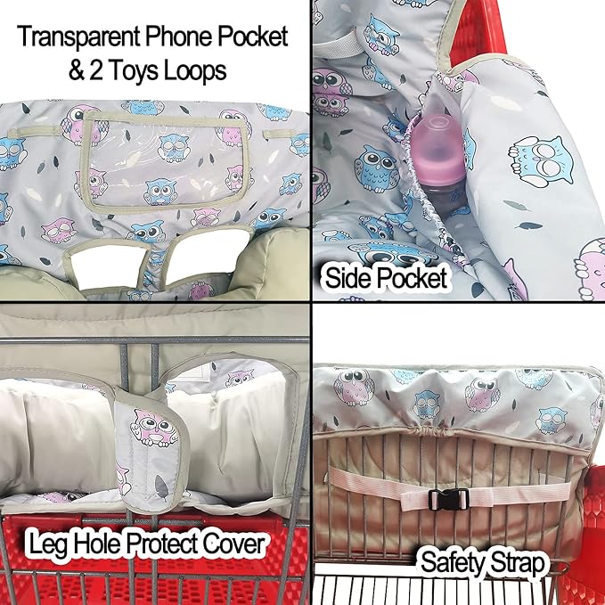 Soft Pillow Attached 2-in-1 Shopping Cart and High Chair Cover for Baby, Cotton Padded Cart Cover, Fold'n Roll Style, Portable with Carry Bag (Gray Owl)