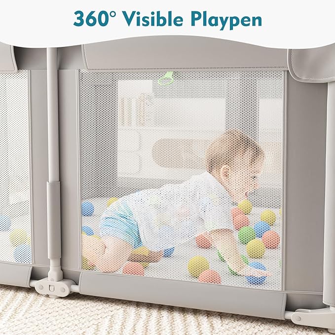 Foldable Baby Playpen, 51" Playpen for Babies and Toddlers with Mat Ocean Balls and Pull Links, Play Pen with Soft Breathable and Visible Mesh, Indoor and Outdoor Portable Play Pen, Gray