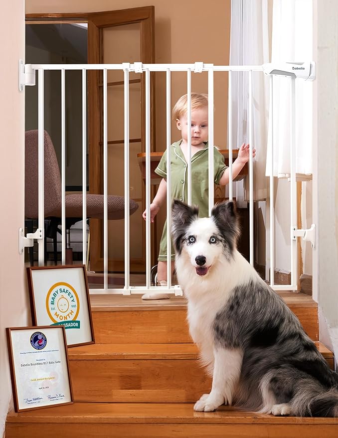 Babelio Baby Gate for Stairs, Kitchen & Doorways, 26-41" W 28" H No Bottom Bar| Easy Installation| One-Handed Operation| Auto-Close| Hardware Mount Safety Dog/Pet Gate Indoor (White)