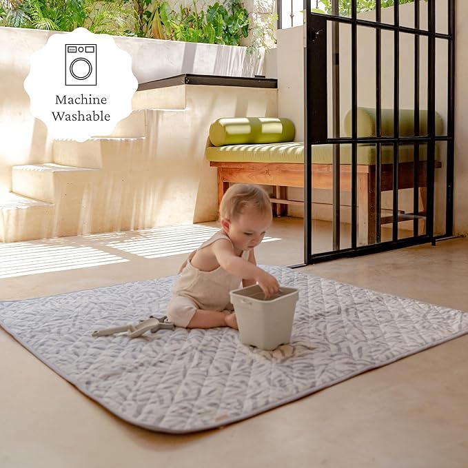 Toddlekind Pretty Practical Mat 100% Organic Cotton 47" x 47”, Reversible, Portable, Travel, Portable, Indoor/Outdoor, for Babies/Toddlers, Sandy Lines-Ocean Leaves-Stone (Grey)
