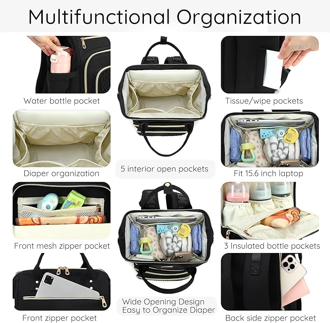 AIJIEKE Diaper Bag, Large Wide-Open Baby Diaper Backpack, Multi-functional Baby Travel Tote Bag, Diaper Bag with Changing Pad, Diaper Bags for Mom & Maternity (Black)
