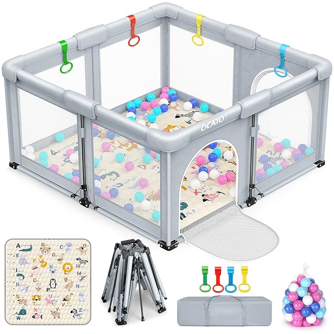 OCATO Baby Playpen with Mat: Foldable Playpen for Babies and Toddlers Play Pen Portable Playpens Fence Indoor Outdoor Kids Safety Area Play Yard with 50x50 Playpens Mat 4 Handlers 50 Balls (50" × 50")