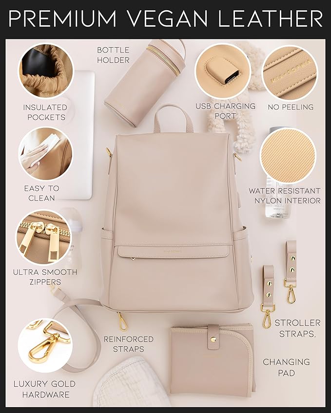 MIA + SOPHIA Leather Diaper Bag Backpack with USB Charging port, Changing Pad, Stroller Straps, and Bottle Holder (Beige Mia)