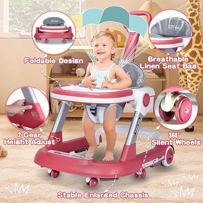 Baby Walker with Wheels 5 in 1 Foldable Activity Center with Mute Wheels Adjustable Heights Anti-Fall Push Walkers for Boys Girls Safe Infant Toddler Walker with Footrest for 6-24 Months