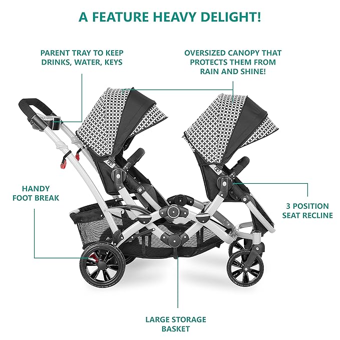 Dream On Me Track Tandem Double Umbrella Stroller in Black & White, Lightweight Double Stroller for Infant and Toddler, Multi-Position Reversible & Reclining Seats, Large Storage Basket and Canopy