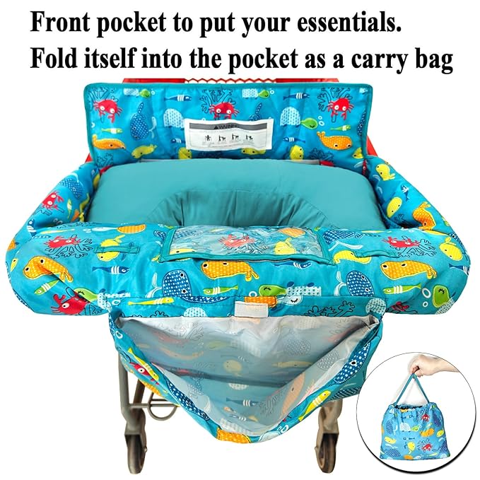 Soft Pillow Attached 2-in-1 Shopping Cart and High Chair Cover for Baby~Padded~Fold'n Roll Style~Portable with Free Carry Bag (Blue Seaworld)
