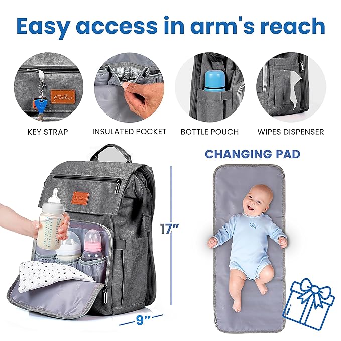 PILLANI Baby Diaper Bag Backpack - Large Bag for Boys & Girls, Waterproof Diaper Backpack - Travel Diaper Bags w/Changing Pad, Baby Registry Search & Shower Gifts - Essentials Must Haves Newborn Stuff