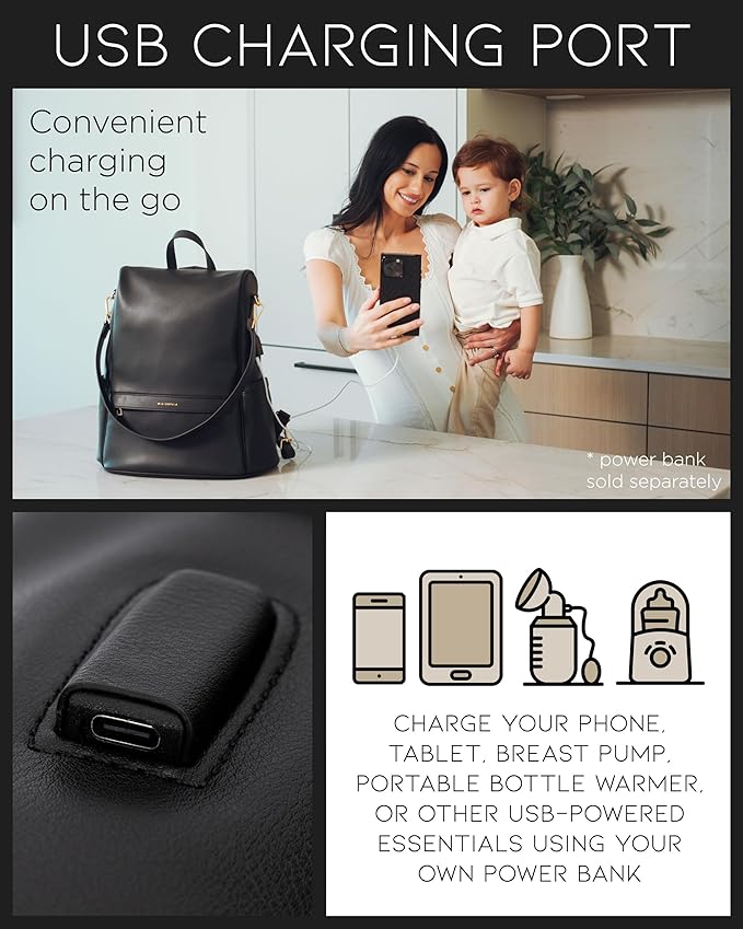 MIA + SOPHIA Leather Diaper Bag Backpack with USB Charging port, Changing Pad, Stroller Straps (Black Mia)