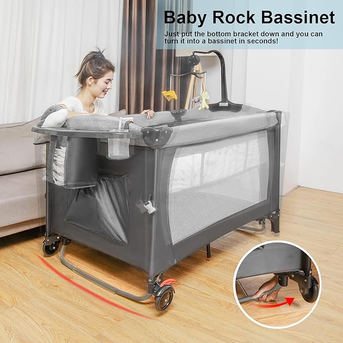 5-in-1 Pack and Play, Baby Bassinet Bedside Sleeper with U-Shaped Diaper Changer, Portable Toddler Playard for Newborn Toddlers, Baby Crib with 4 Adjustable Height, Carry Bag,Easy to Install (Grey)