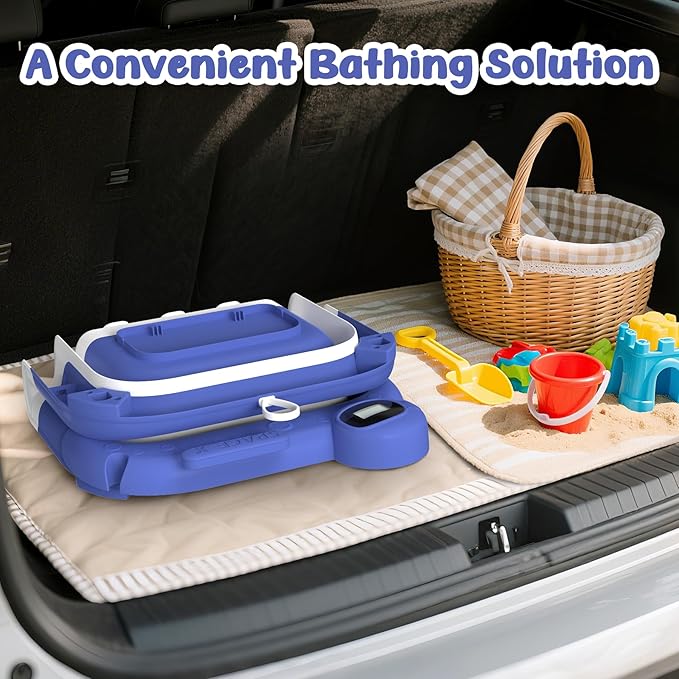Collapsible Baby Bathtub for Newborn,Baby Tub with Soft Floating Cushion & Thermometer for Infant to Toddler,Portable Travel Bathtub with No-Slip Feet for 0-36 Months-Blue