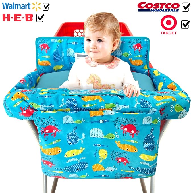 Soft Pillow Attached 2-in-1 Shopping Cart and High Chair Cover for Baby~Padded~Fold'n Roll Style~Portable with Free Carry Bag (Blue Seaworld)