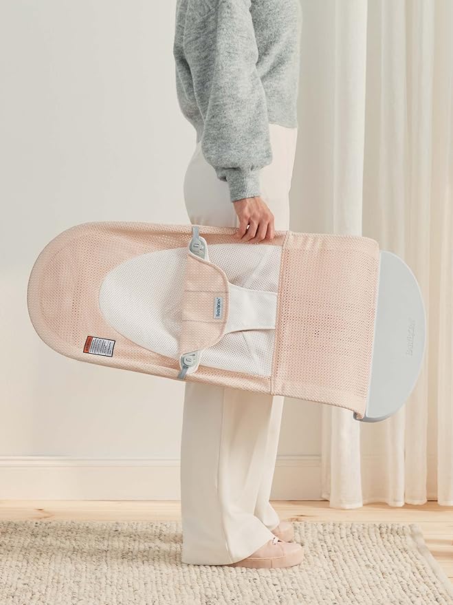 BabyBjörn Bouncer Balance Soft, Light Grey Frame, Mesh, Pearly Pink/White, 2-in-1 Adjustable Baby Bouncer Seat and Toddler Chair, Newborn to Toddler (8-29 lbs), 4 Positions, Lightweight & Portable