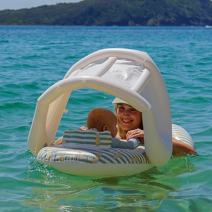SUNNYLiFE Baby Pool Float with Canopy 24-33lbs - Infant Float with Removable Shade Canopy, Baby Swim Float with Head Rest & Leg Support | Duck Sage Stripe