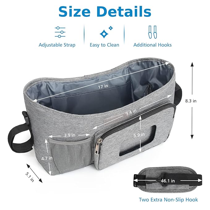 Accmor Universal Stroller Organizer with Insulated Cup Holder, Stroller Caddy Bag Accessories, Stroller Cup Holder Organizer for Uppababy Baby Jogger Britax Stroller, Grey